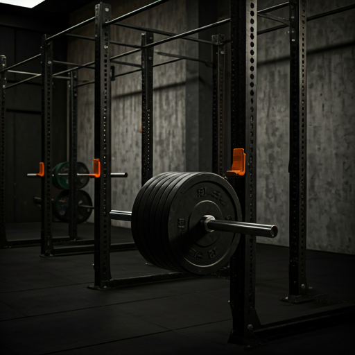 Academia industrial — power racks pesados, barras carregadas, concreto bruto